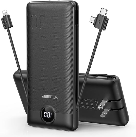 VEGER Portable Charger for iPhone Built in Cables and Wall Plug, 10000mah Slim by VEGER