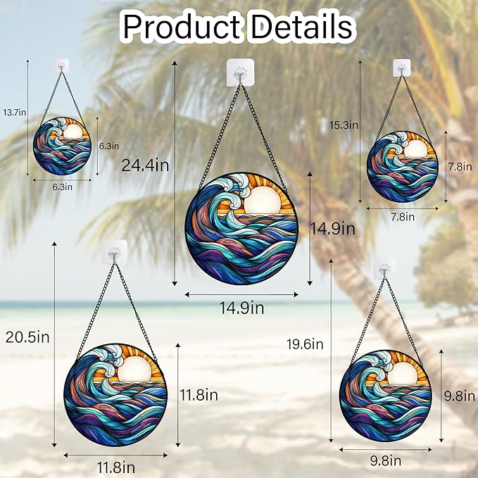 DASTOLL Stained Glass Window Hanging, Big Wave Sun Suncatcher Diamond Glass - Image 6