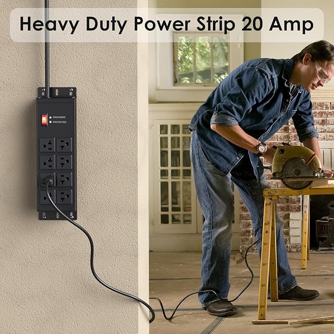 JUNNUJ Heavy Duty 20 Amp Surge Protector 4800J, Garage Metal 8 Outlets 12 Gauge - Image 6
