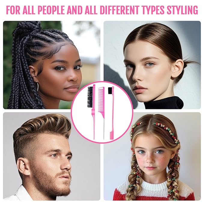 3 Pieces Hair Styling Comb Set Teasing Brush Rat Tail Comb Edge Brush - Image 8