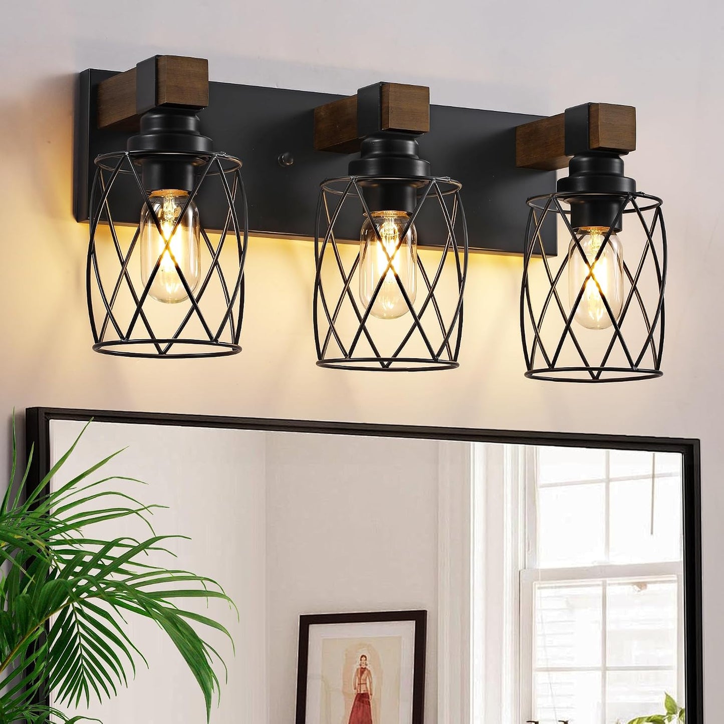 Farmhouse 3-Light Wood Bathroom Vanity Light, Black Metal Cage Shade | Mounted Over Mirror, Industrial Rustic Style, Ideal for Bathroom, Bedroom, Hallway & Living Room, Easy To Install