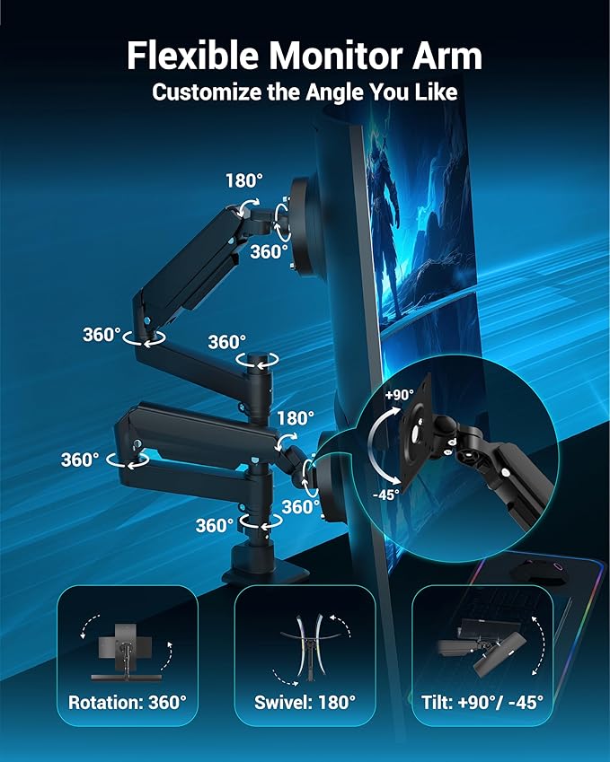 Ergounion Dual Monitor Arm for 13-49 Inch Ultrawide Screens, Heavy Duty Monitor - Image 4