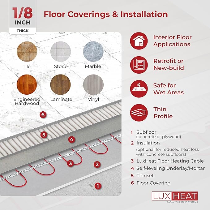 LuxHeat 60sqft Floor Heating Cable Kit - 240v Tile Floor Heating Kit - Heated - Image 3
