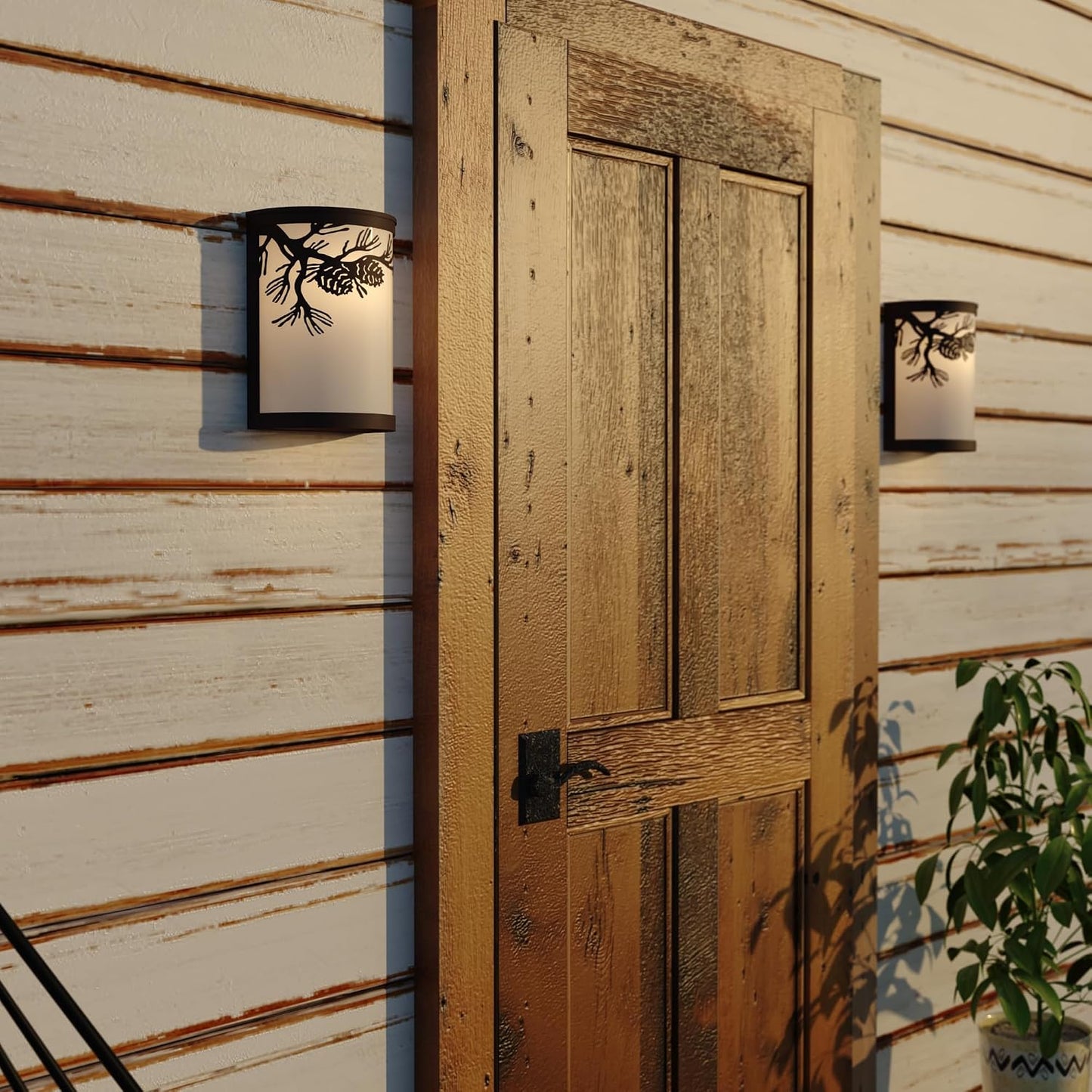 VAXCEL Douglas 1-Light 8 in. Wide Warm Bronze Indoor-Outdoor Rustic Flush Mount Wall Sconce with Pinecone Cutout and Amber Flake Glass Shade, Dimmable, LED Compatible, Bathroom Vanity Lighting Fixture