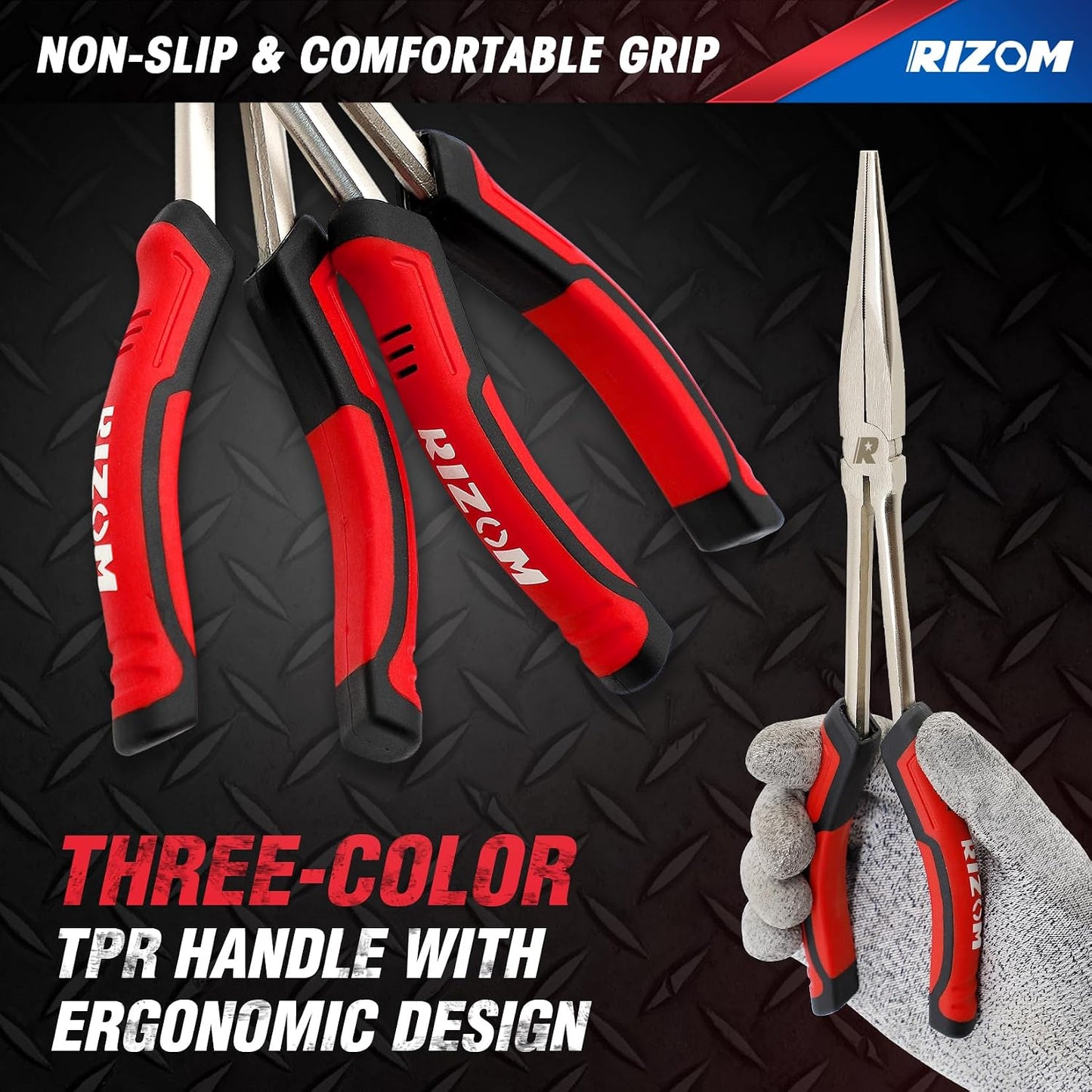 Rizom 3-Piece Long Needle Nose Plier Set, 11'' 90° & 45° Bent Nose Pliers | Cr-V Extra Long Curved Nose Pliers Set For Narrow Spaces