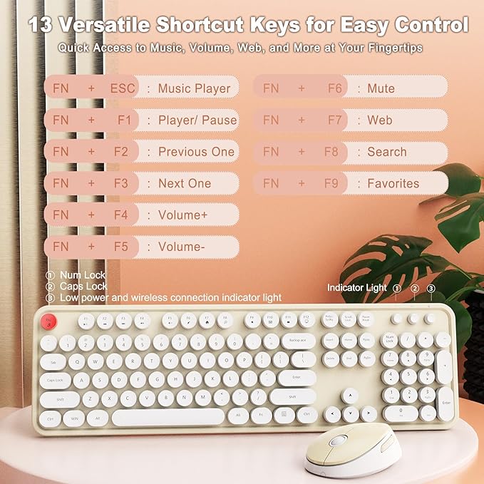 HotFox Wireless Keyboard and Mouse Combo, Full-Size Retro Typewriter Keyboard - Image 5