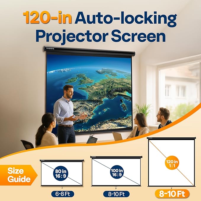VIVOHOME 120 Inch 1:1 Pull Down Projector Screen, HD 4K Retractable Movie Screen - Image 2
