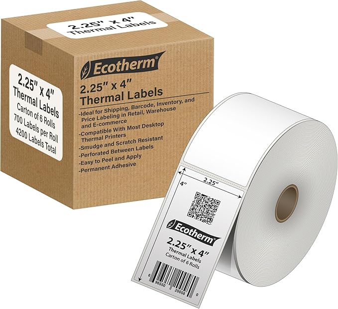 2.25" x 4" Thermal Labels | 6 Rolls | 4200 Labels | fits Zebra, Offnova Thermal by EcothermProducts