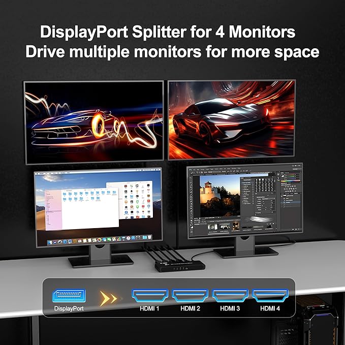DisplayPort to HDMI Splitter for 4 Monitors, 8K@60Hz HDMI Splitter Extended - Image 3