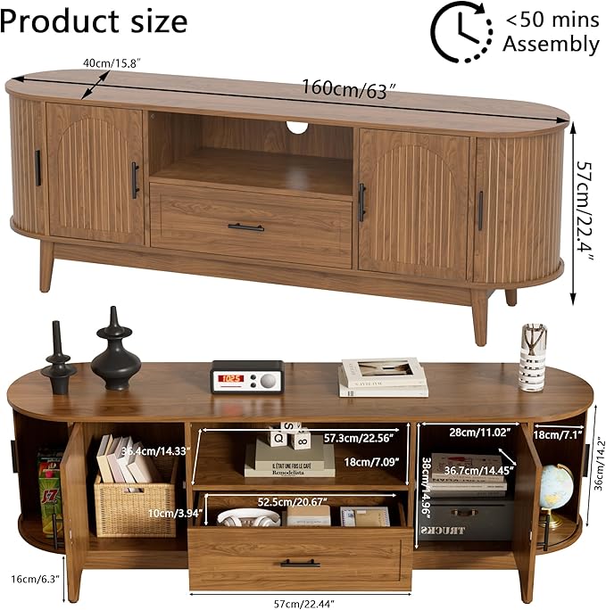 Mxtxmy 63" Fluted TV Stand for Tvs up to 70", Mid-Century Modern Entertainment - Image 2