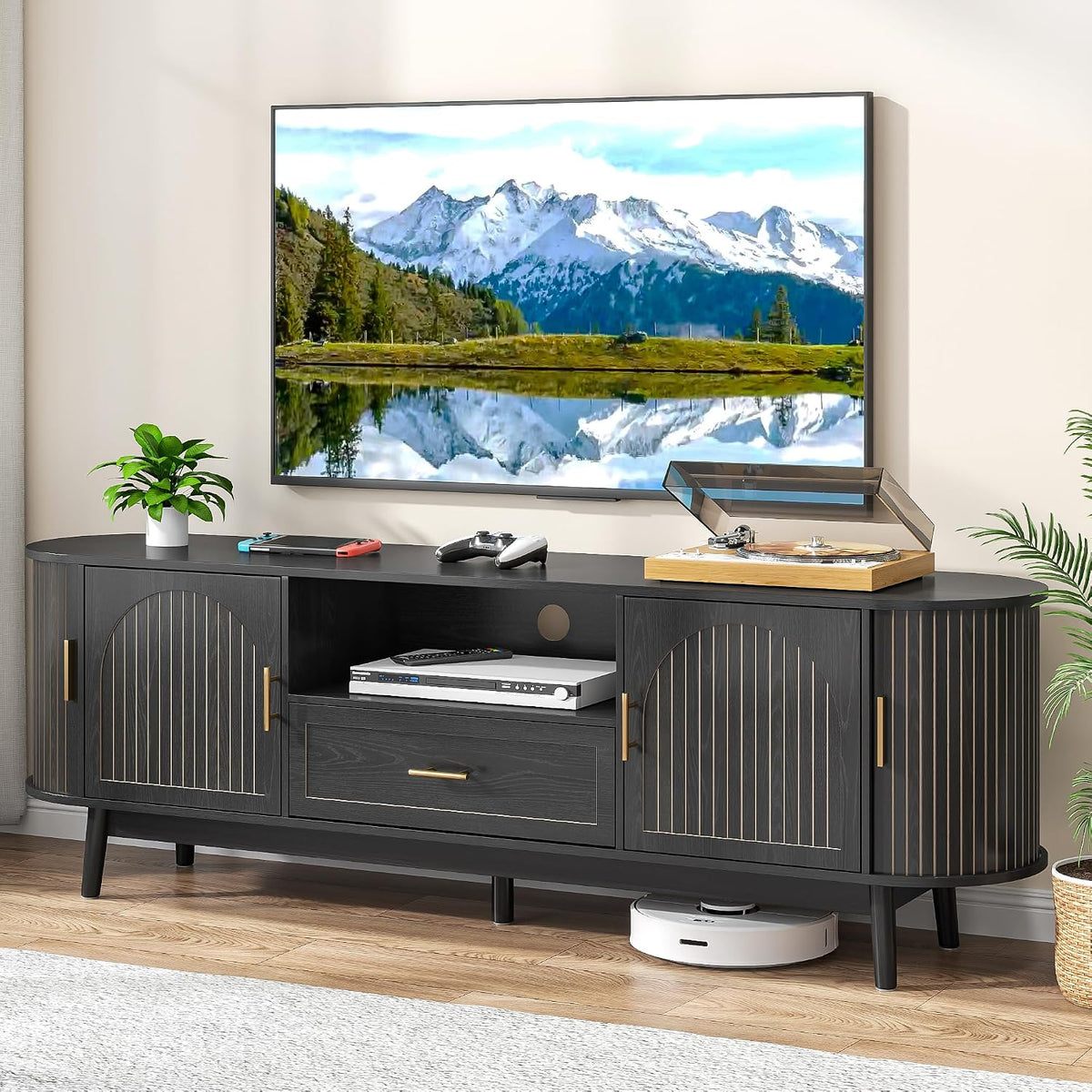 70" Fluted TV Stand for Tvs up to 80", Mid-Century Modern Entertainment Center
