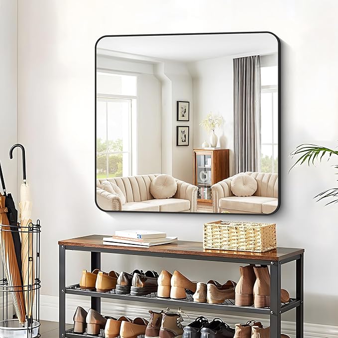 Bathroom Mirror, 39x39 inch Black Square Wall Mirror, Metal Frame Rounded - Image 6