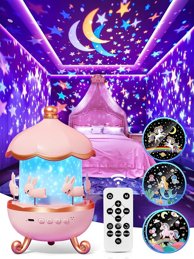 Carousel Night Light for Kids, 15 Music+15 Films+315 Colors Star Projector for by pikoy