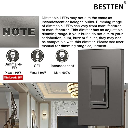 BESTTEN 5 Pack Matte Brown Dimmer Light Switch, Single Pole or 3-Way, Compatible - Image 6