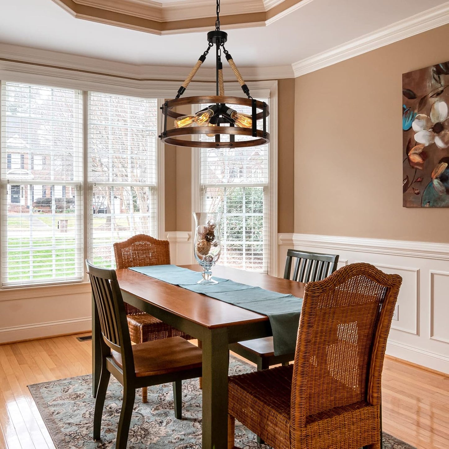 Farmhouse Rustic Chandelier Light Fixture, 5-Light Round Wooden Chandelier, Decorative Lighting Fixture for Dining Room Kitchen Island Breakfast Area