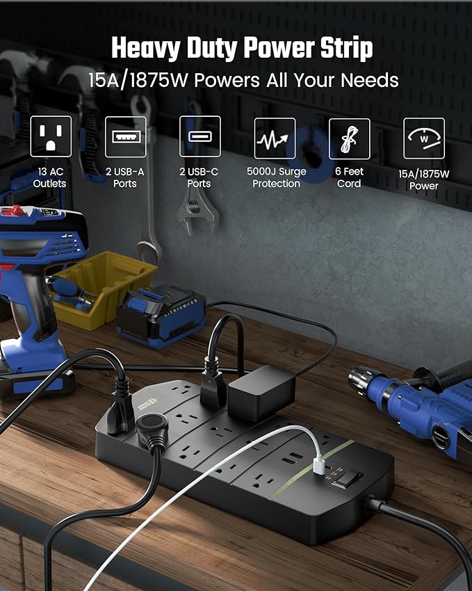 Power Strip, SUPERDANNY 5000 Joules Surge Protector - Image 3