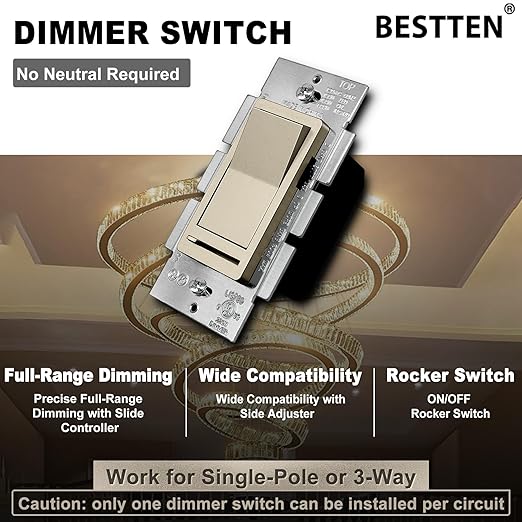 BESTTEN 5 Pack Matte Champagne Gold Dimmer Light Switch, Single Pole or 3-Way - Image 2