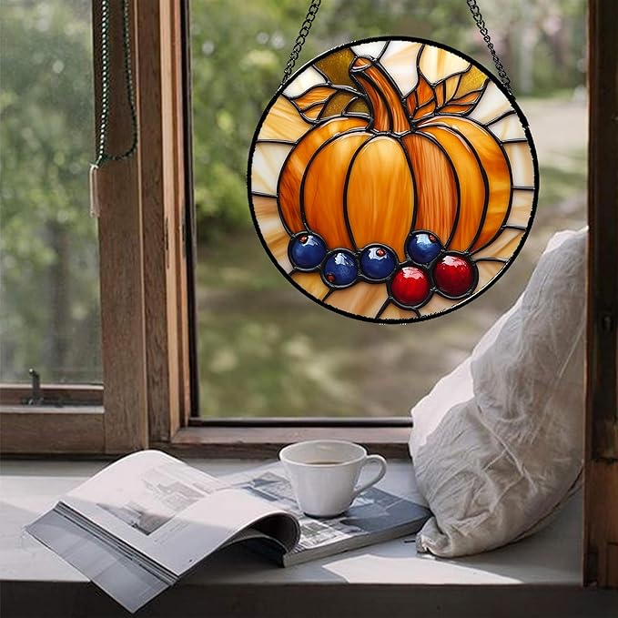 DASTOLL Stained Glass Window Hanging Fall Pumpkin Berries 7.8" - Image 5