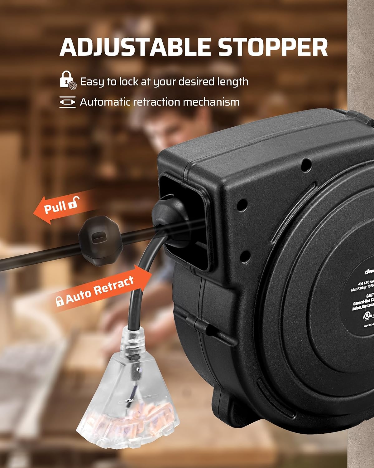 DEWENWILS 50FT Retractable Extension Cord Reel, 14AWG/3C SJTOW Cord Reel | 3-Lighted Triple Outlets, 14AWG/3C SJTOW, 13 Amp Circuit Breaker, Heavy Duty Power Cord for Garage, Workshop