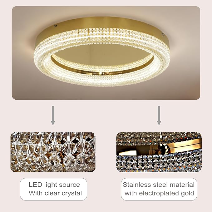 23.6" Gold LED 3 Color Remote Dimmable Modern Crystal Chandelier Round LED - Image 3