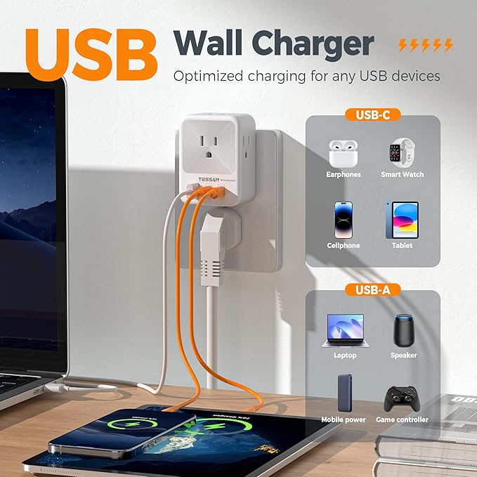 Multi Plug Wall Outlet Splitter, TESSAN Surge Protector 4 Outlet Extender - Image 2