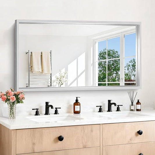30x55 Silver Bathroom Mirror, Brushed Silver Rectangular Mirror by WelcometoCIVENO