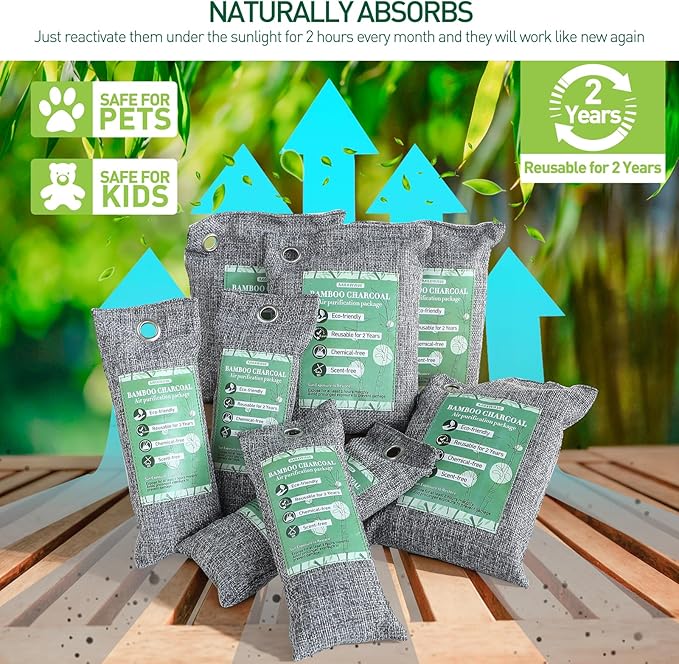 MAXWAVE 8 Pack Activated Charcoal Odor Absorber Bags, Bamboo Charcoal Air - Image 4