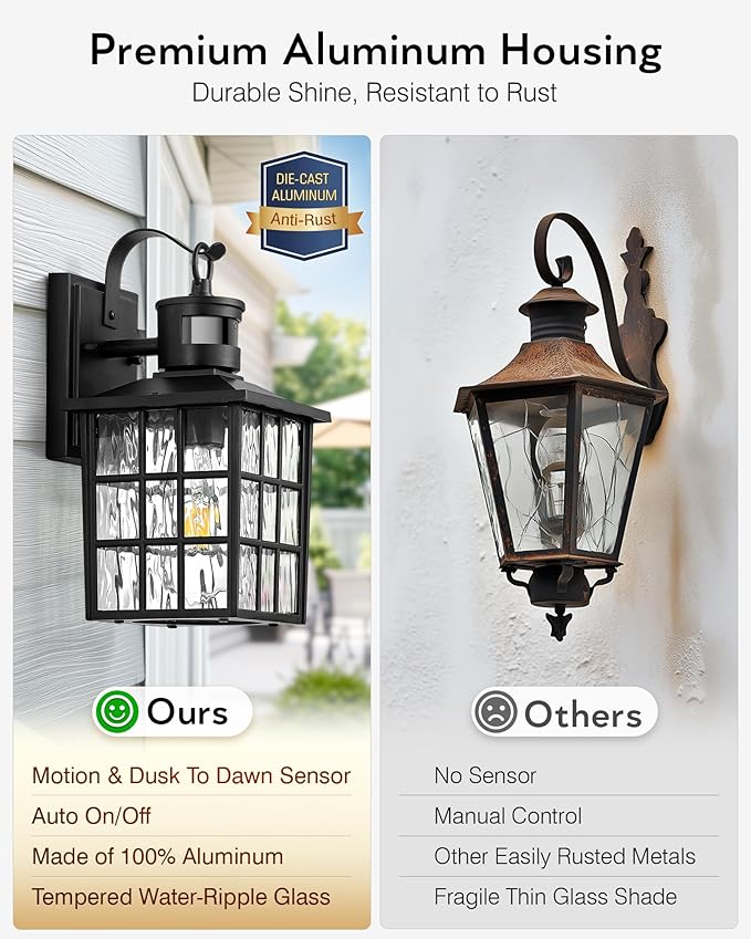 VIANIS Outdoor Wall Lights for House, 2 Pack Black Motion Sensor Porch Lanterns - Image 7