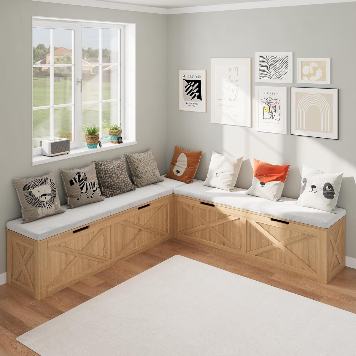 bobve l-shape storage bench with cushion, backless corner shown in use
