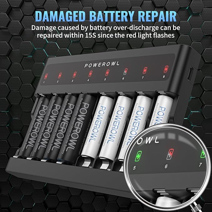 POWEROWL AA AAA Battery Charger 8 Bay, Independent Slot, USB Fast Charging - Image 4