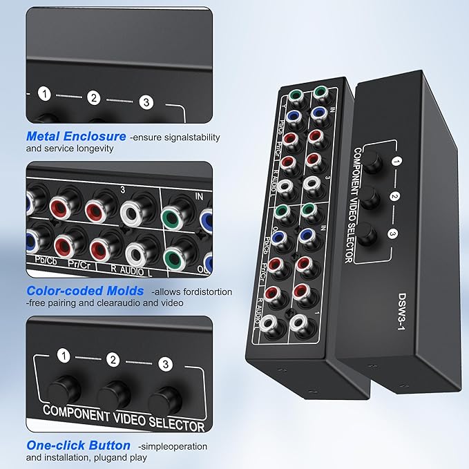 XMSJSIY Component AV Video Switch 3 in 1 Out Composite 5 RCA YPbPr RGB Selector - Image 4