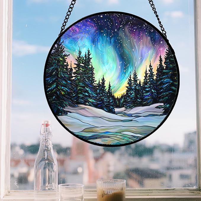 DASTOLL Stained Glass Window Hanging, Aurora Landscape Sun Catchers Glass Panel - Image 2