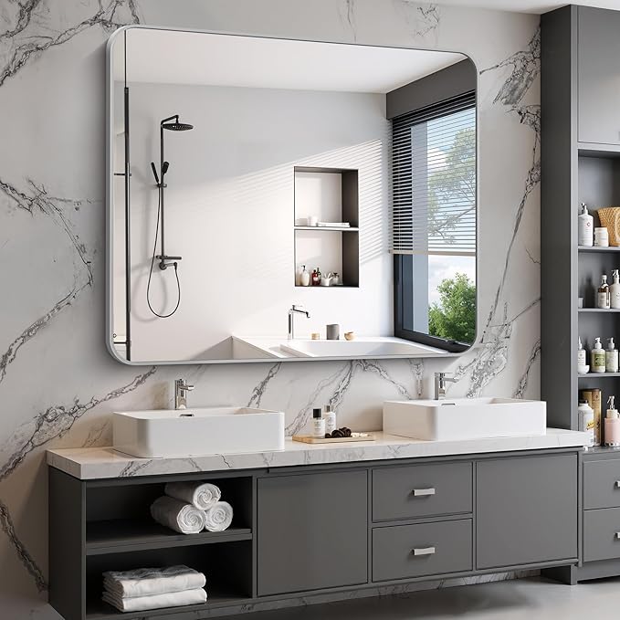 48x40 Inch Silver Bathroom Mirror, Large Rectangle Mirror, Metal Framed - Image 4