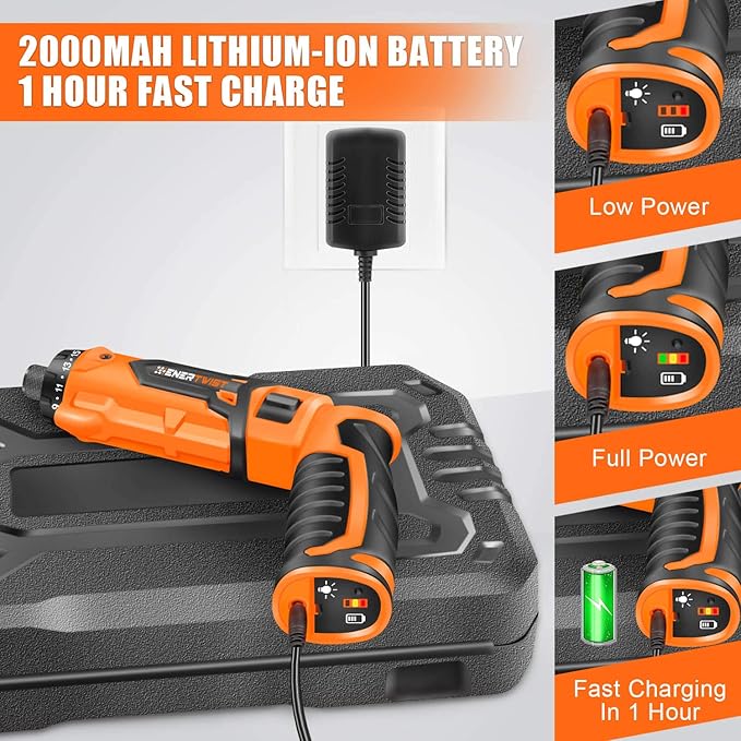 ENERTWIST 8V Cordless Electric Screwdriver, 21+1 Cluth, Dual Position Handle - Image 6