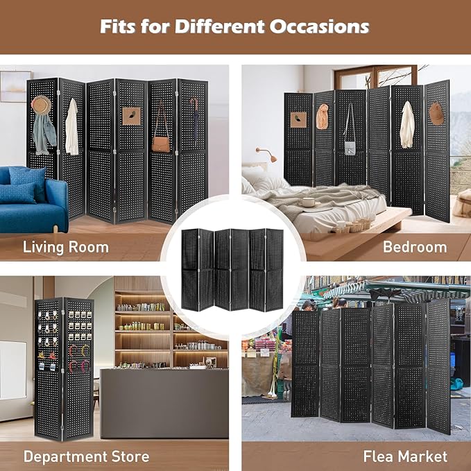 ECOMEX 6 Panel Room Divider, 5.6Ft Pegboard Display Wooden Room Divider Folding - Image 7