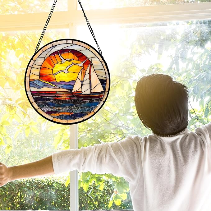 DASTOLL Stained Glass Window Hanging, Sun Ocean Sailboat Seagull Abstract - Image 3