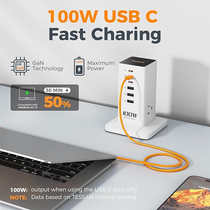 Charging Station PD 100W, TESSAN 9-in-1 USB C Power Strip - Image 4
