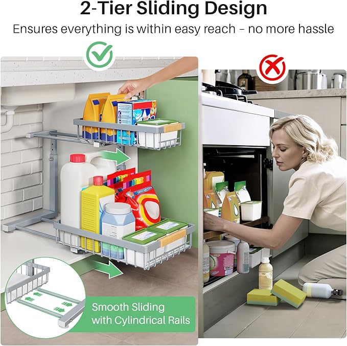 Kitstorack Under Sink Organizer, 2 Packs 2 Tier Under Sink Organizers and - Image 6