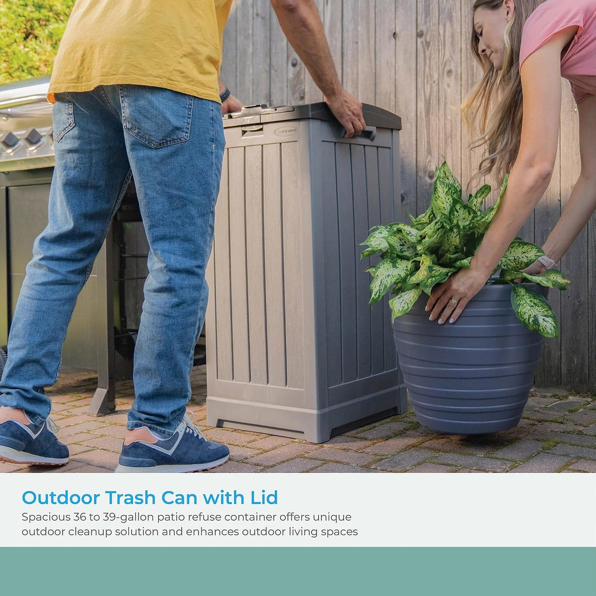 suncast 39-gallon resin outdoor hideaway trash can with, close-up detail