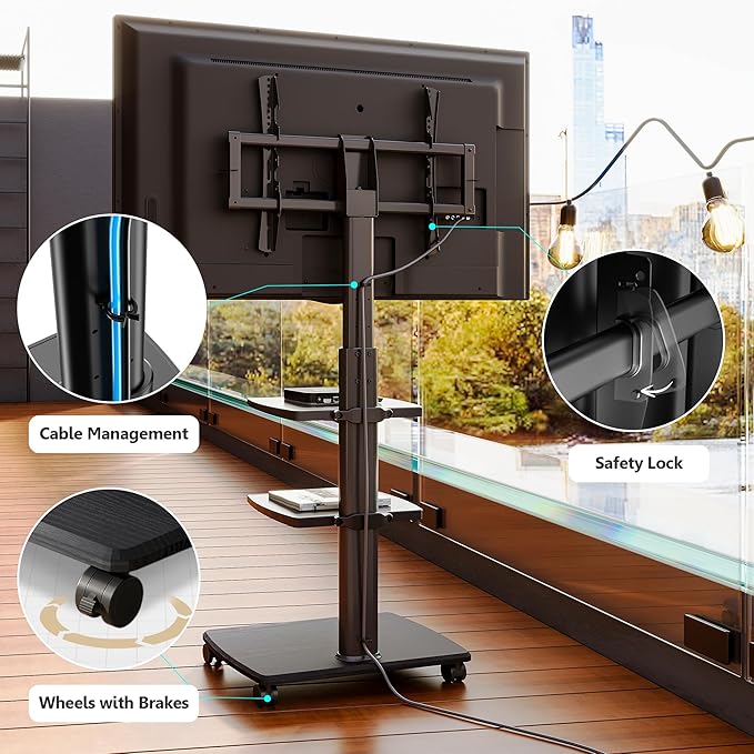 FITUEYES Swivel Rolling TV Stand, Height Adjustable Mobile TV Cart - Image 5