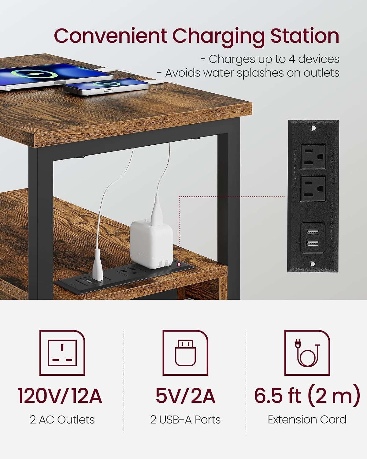 VASAGLE Side End Table with Charging Station, Slim Nightstand with 2 Drawers, Narrow Bedside Table for Living Room, Small Spaces, 18.9 x 11.8 x 24 Inches, Rustic Brown and Ink Black ULET324K101S