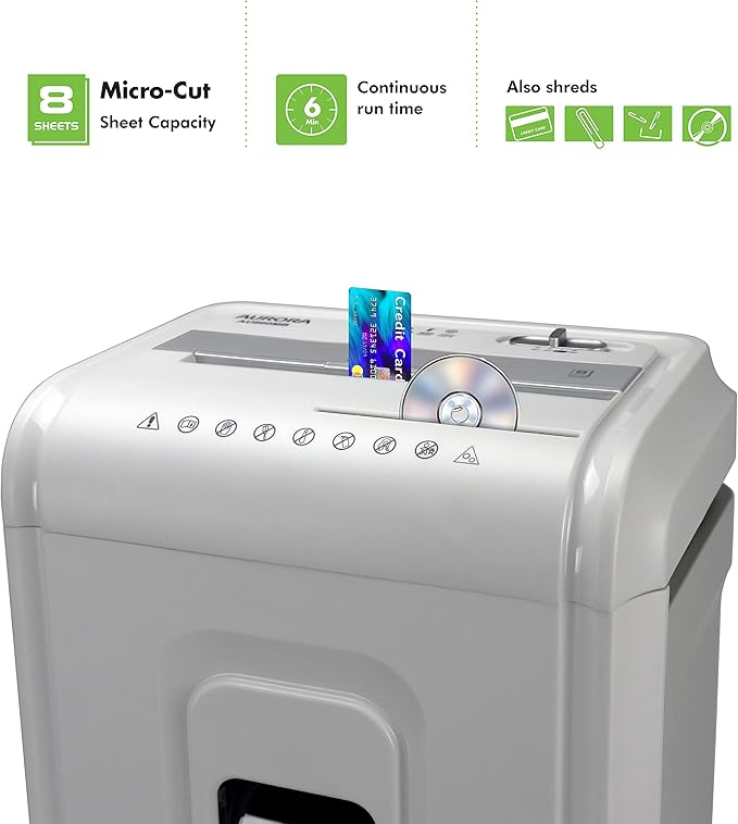 Aurora High-Security 8-Sheet Micro-Cut Paper, CD/DVD and Credit Card Shredder - Image 2