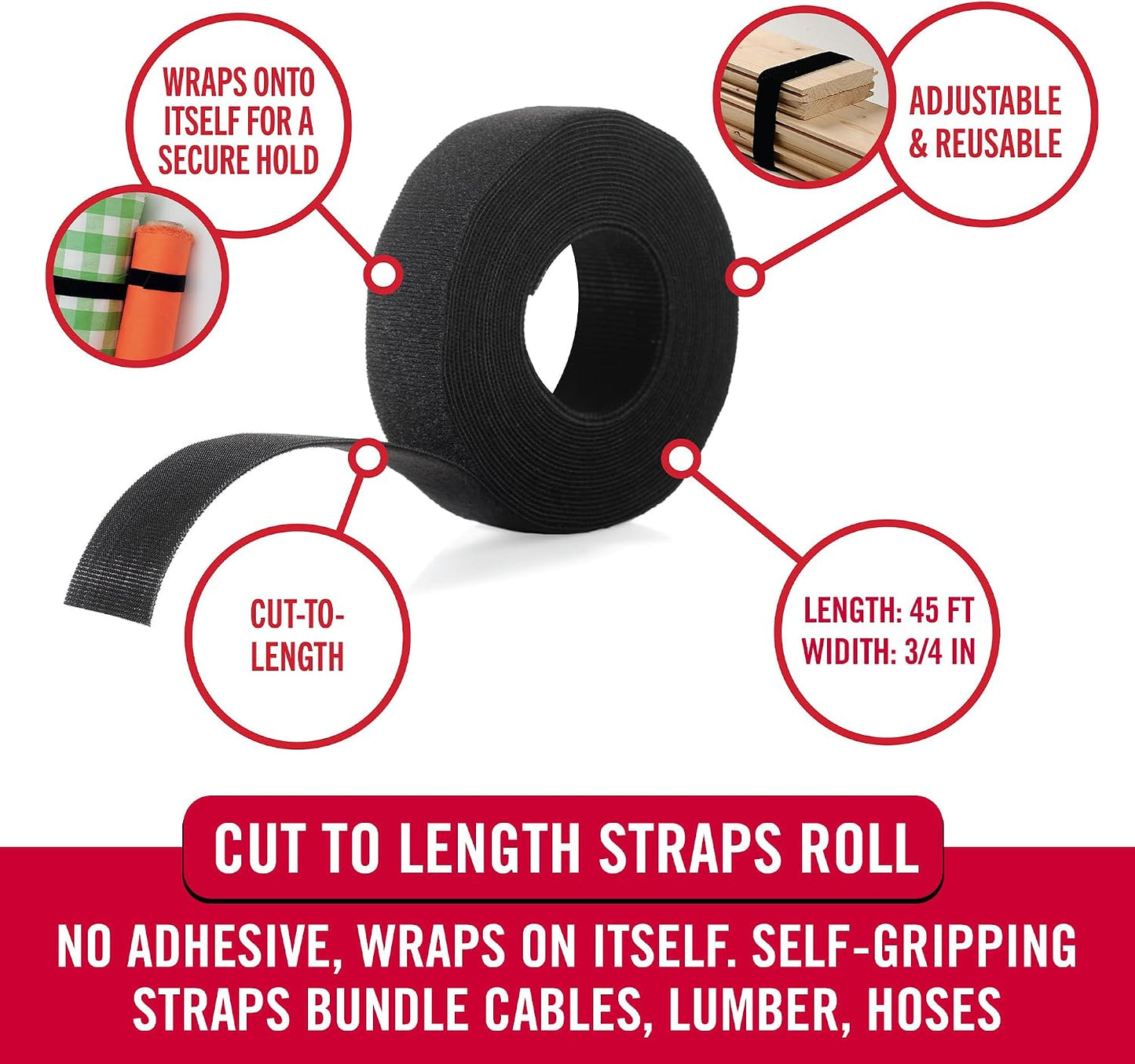 VELCRO Brand Cut to Length Straps Heavy Duty | 45 Ft x 3/4 in | ONE-WRAP Self-Gripping Double Sided Roll | Bundling Ties Fasten to Themselves for Secure Hold, VEL-30834-AMS, Black