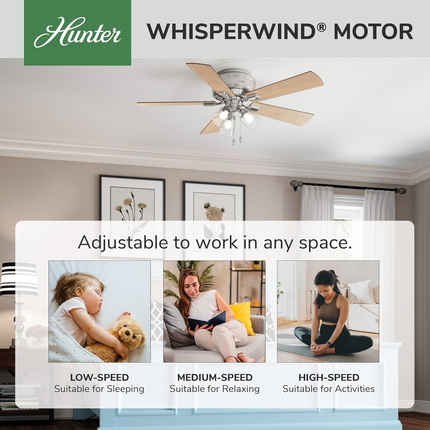 Hunter 52 inch Indoor Ceiling Fan with LED Lights and Pull Chain - Low Profile Flush Mount Ceiling Fan, 5 Blades, For Bedroom, Living Room, or Kitchen, Quiet - Crestfield 54209, Brushed Nickel | with LED Lights and Pull Chain, Low Profile Flush Mount, 5