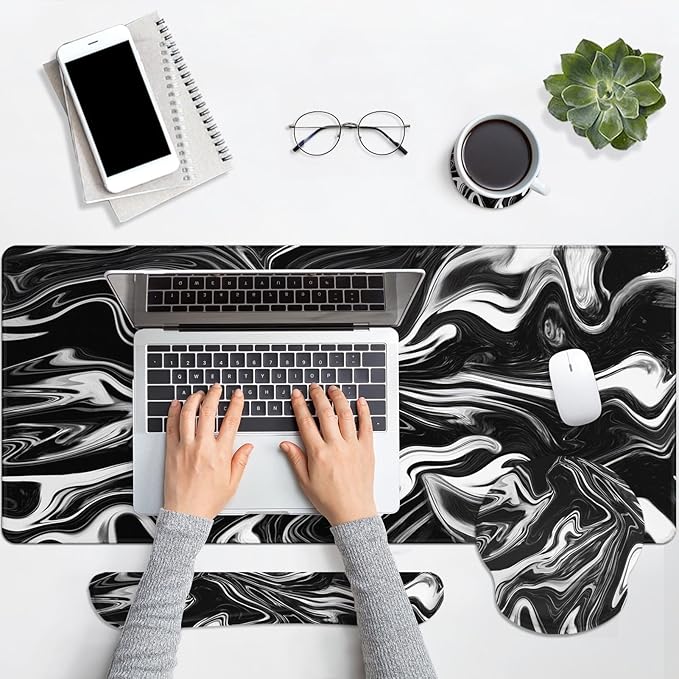 Britimes Black White Marble Keyboard Mouse Pad Set 4in1 Large Mousepad+Keyboard - Image 6