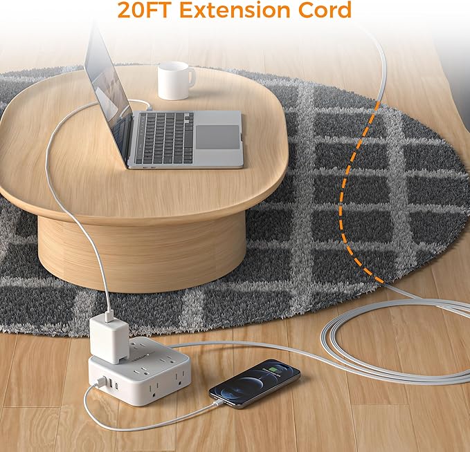 Flat Plug 20 FT Long Extension Cord, TESSAN Ultra Thin Power Strip Surge - Image 2