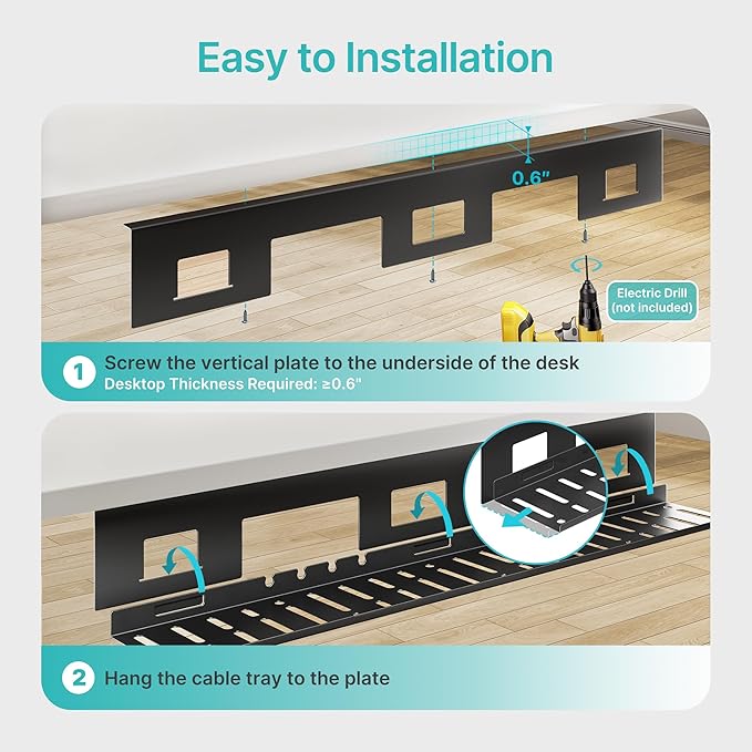 PEGZONE Under Desk Cable Management Tray, 31.5 Inches Metal Cord Organizer Rack - Image 8