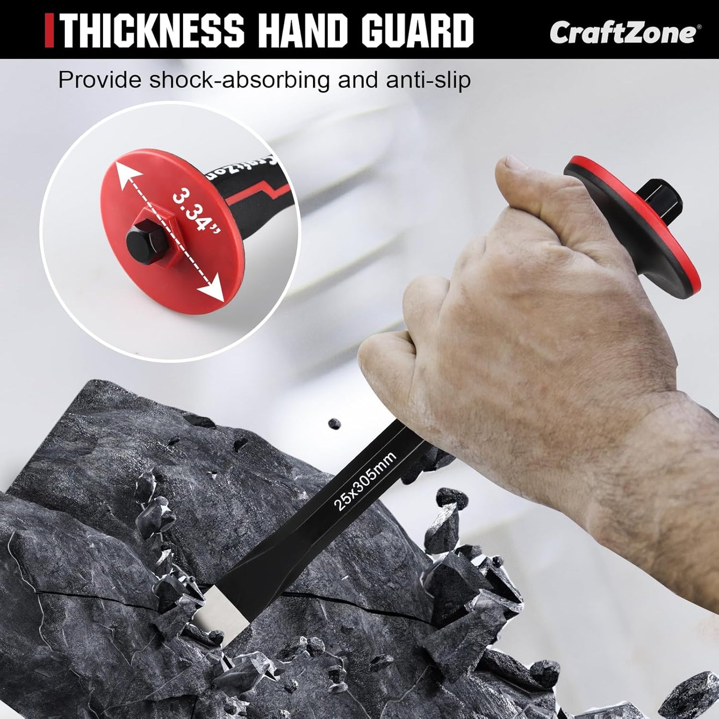 Masonry Chisel, Heavy Duty Flat End Rock Concrete Mortar Stone Brick Chisel with Protective Hand Guard for Breaking Carving Splitting Cutting Mason Tools (12-Inch)