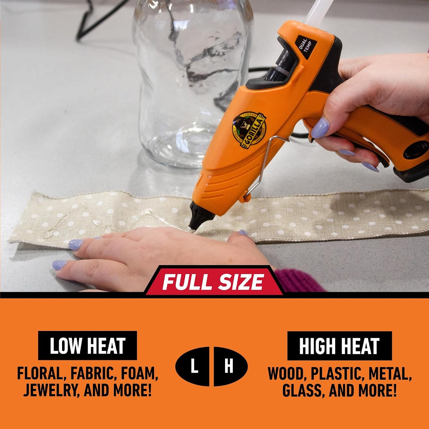 Gorilla Dual Temp Full Size Hot Glue Gun, Precision Nozzle | Easy Squeeze Trigger for Comfort, Enhanced Safety Features, Great for DIY, Craft, Repairs, and More