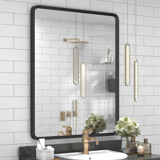 24x32 Black Bathroom Mirror, Rounded Rectangle Mirror, Shatterproof
